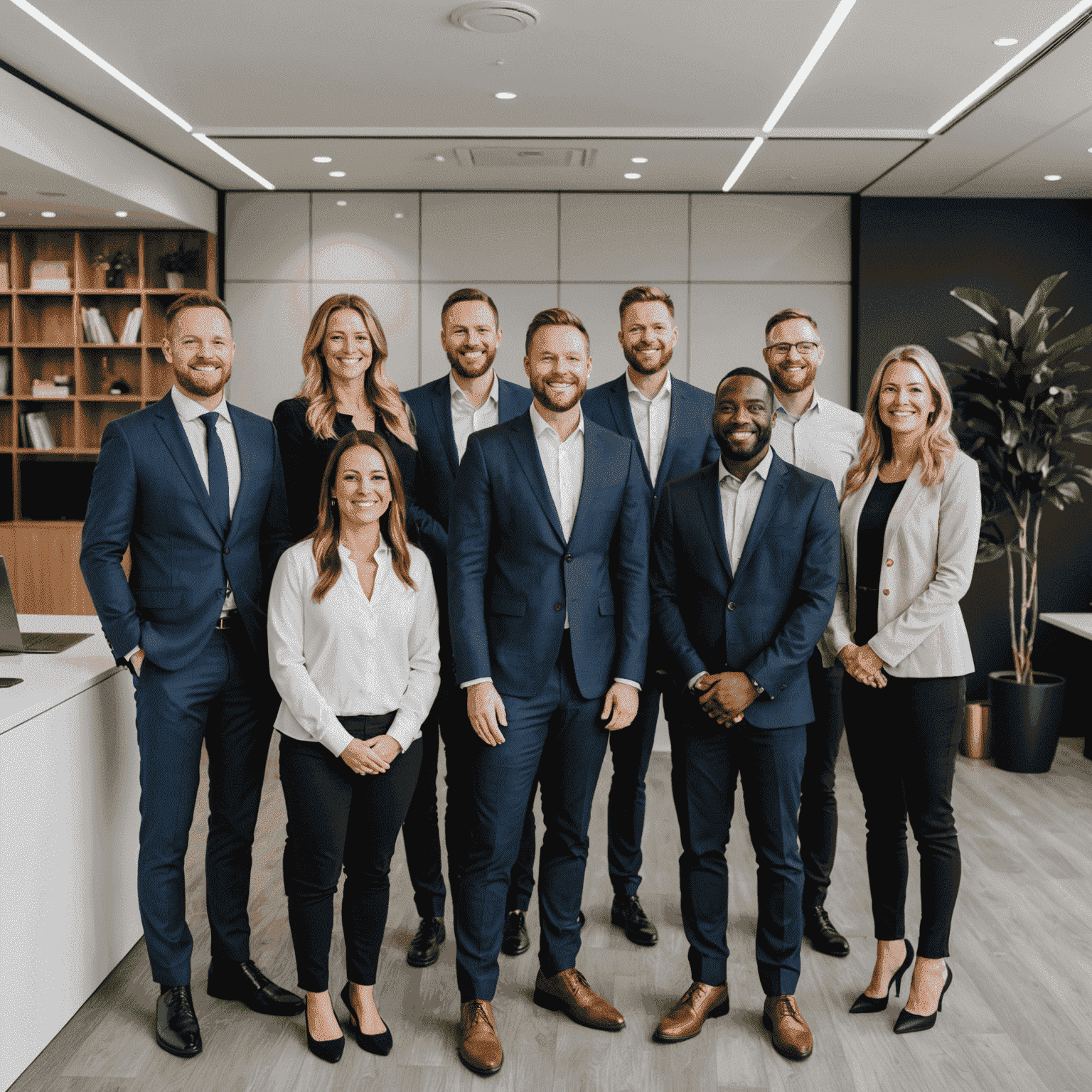 A group photo of the GoldService Solutions team, dressed professionally and smiling confidently in their modern office space