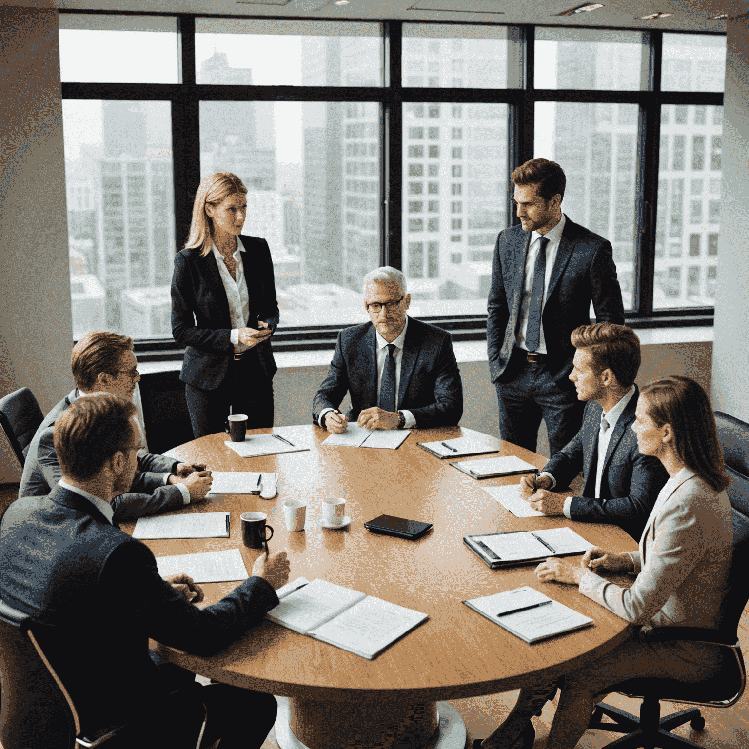 A team of business consultants discussing strategies around a conference table