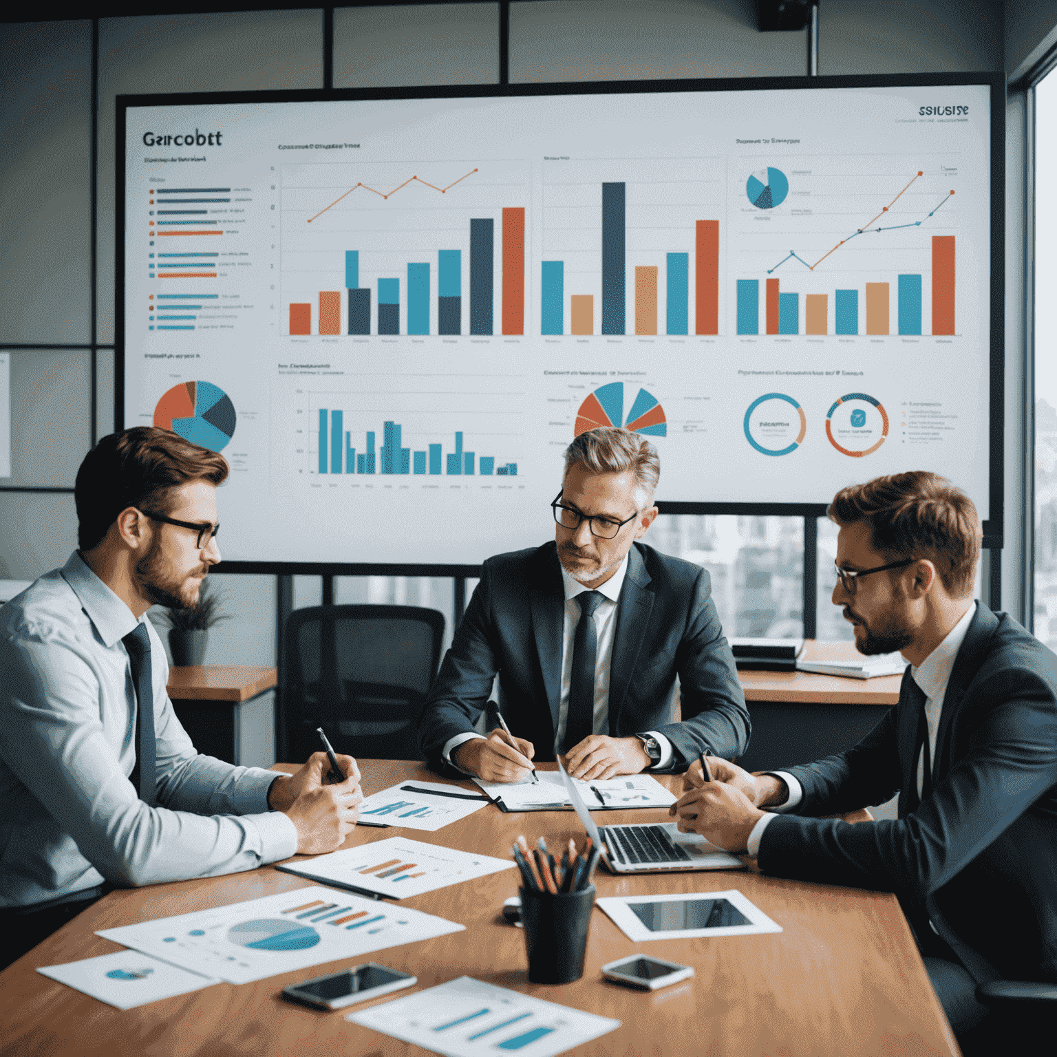 A team of business consultants collaborating around a conference table, with charts and graphs on a screen in the background