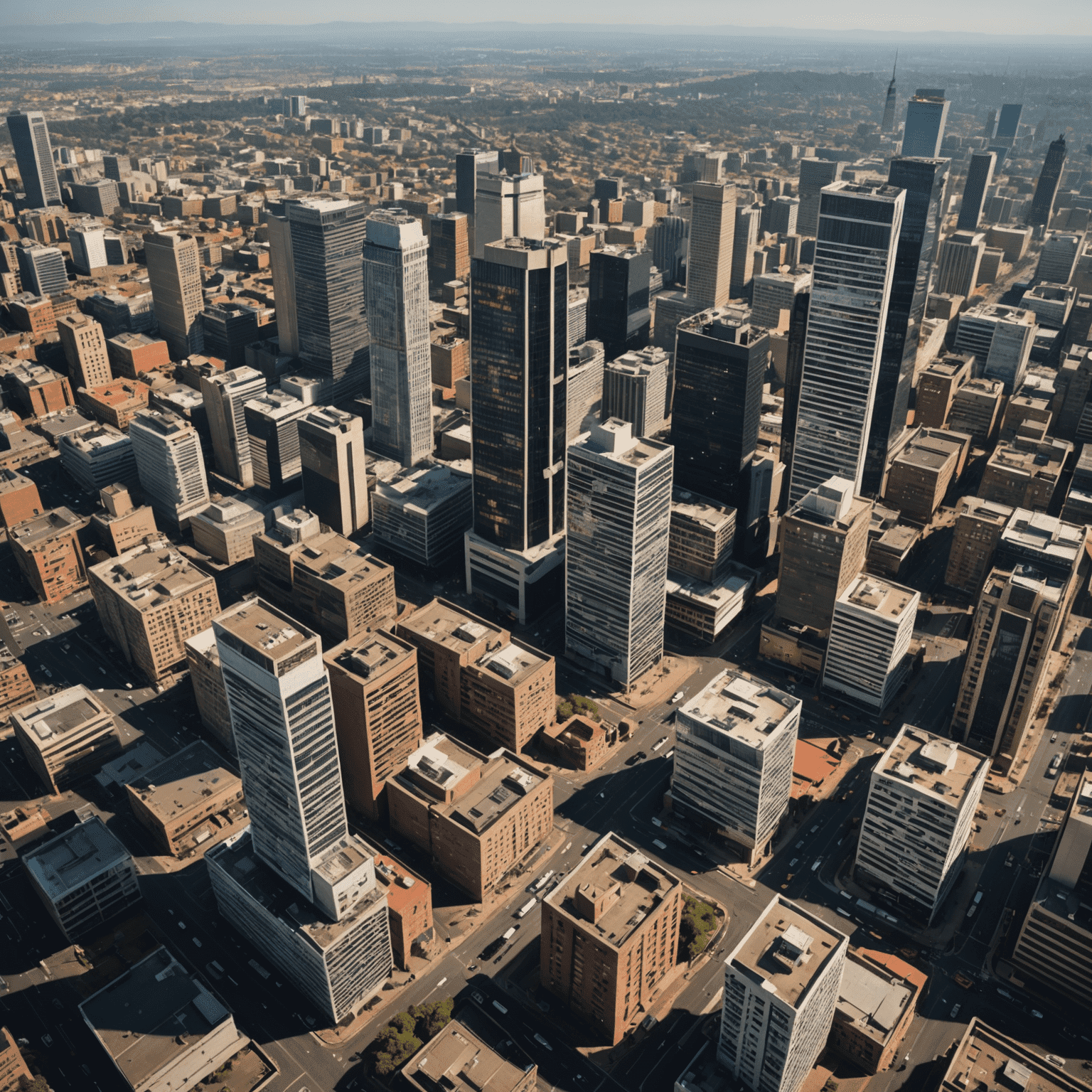 Aerial view of Johannesburg, South Africa's bustling business district with modern skyscrapers and busy streets