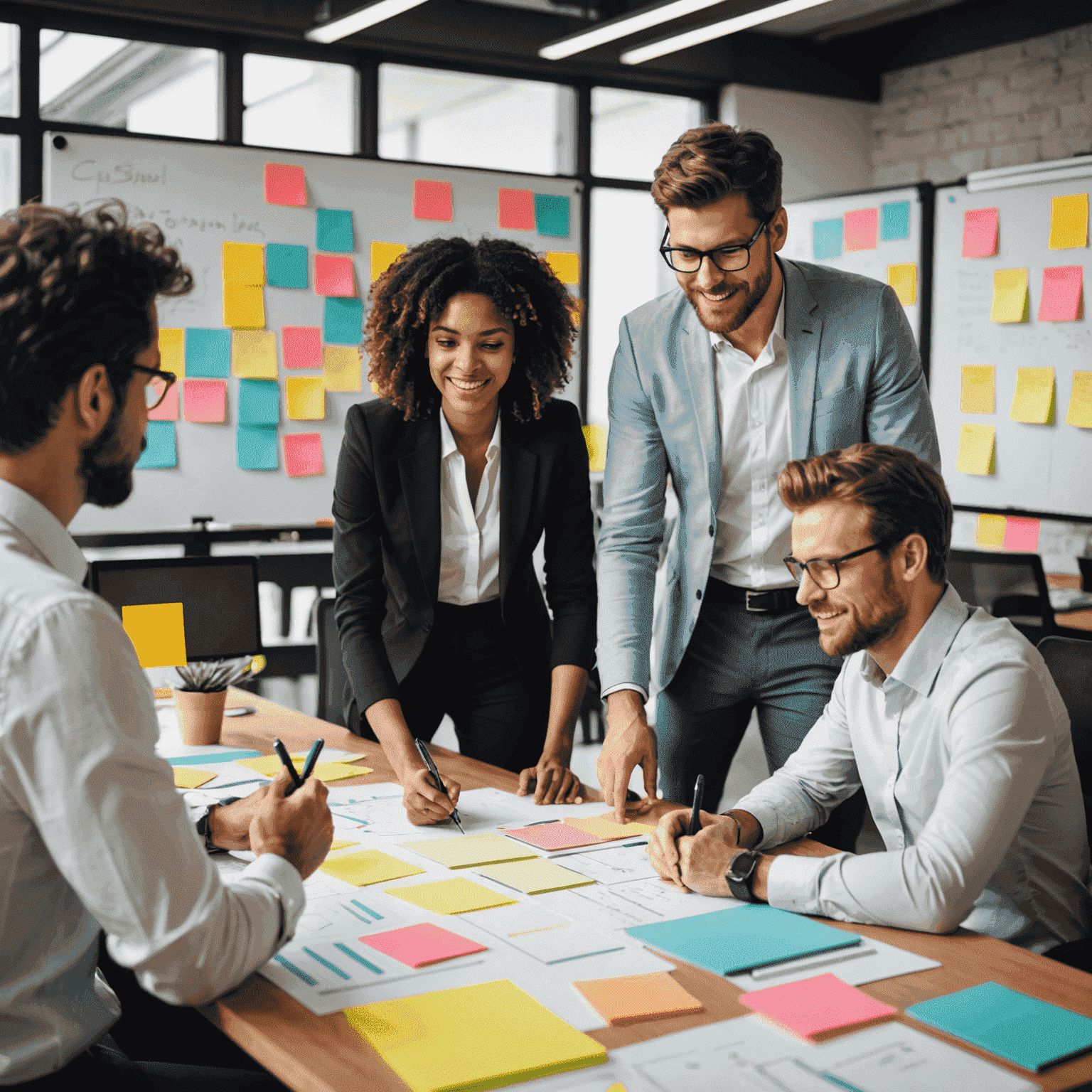 Businesspeople collaborating in an agile work environment, with post-it notes and whiteboards