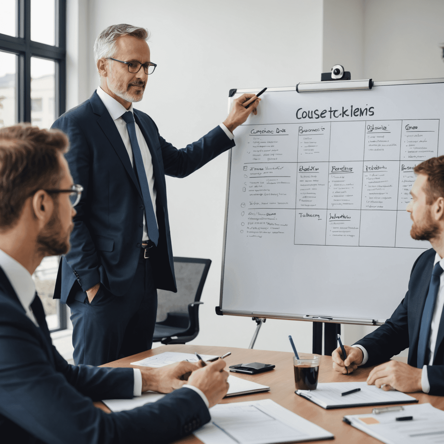 A consultant presenting a strategic plan to a group of business executives, with a whiteboard showing key objectives and milestones