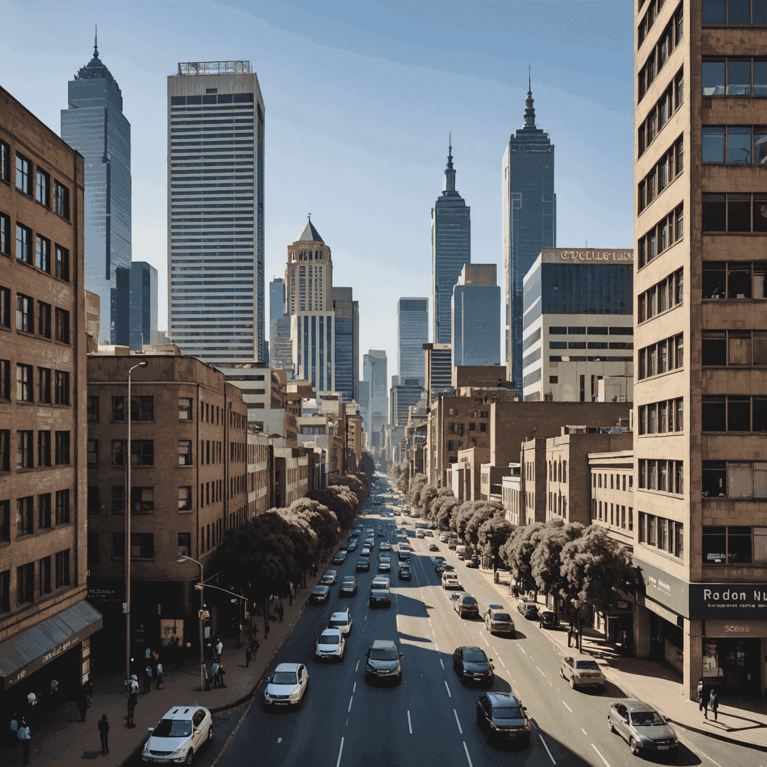 A cityscape of Johannesburg, South Africa with skyscrapers and busy streets